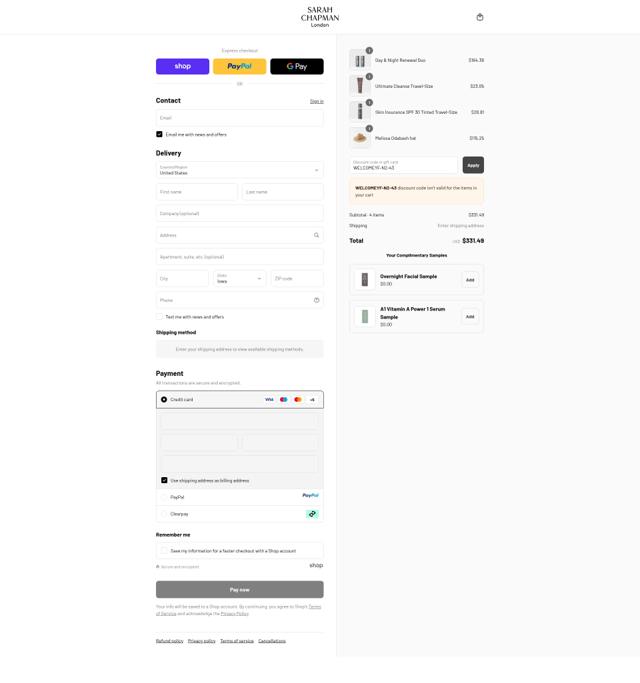 Sarah Chapman checkout page showing Sarah Chapman discount code box | Screenshot taken by SimplyCodes community member on Sep 12, 2025