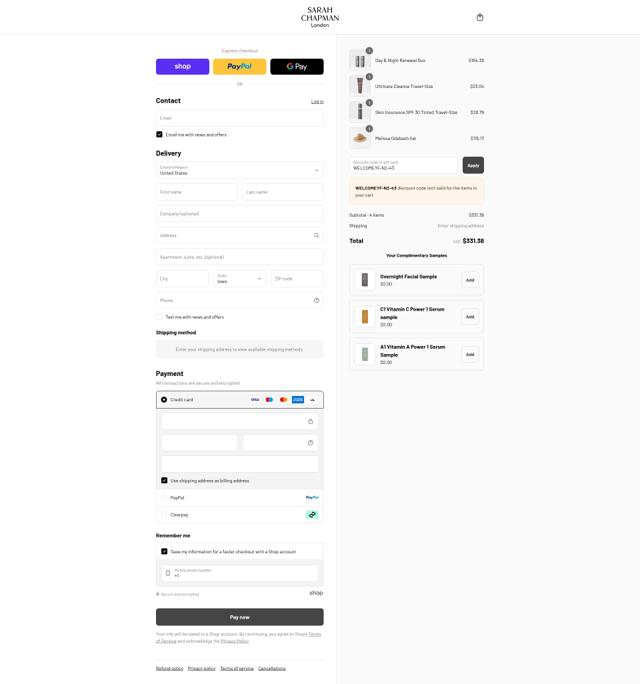 Sarah Chapman checkout page showing Sarah Chapman discount code box | Screenshot taken by SimplyCodes community member on Sep 8, 2025