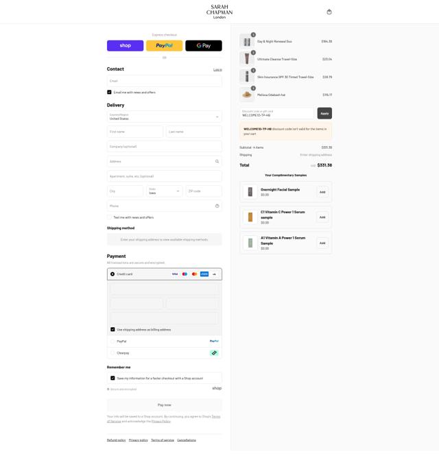 Sarah Chapman checkout page showing Sarah Chapman discount code box | Screenshot taken by SimplyCodes community member on Sep 8, 2025