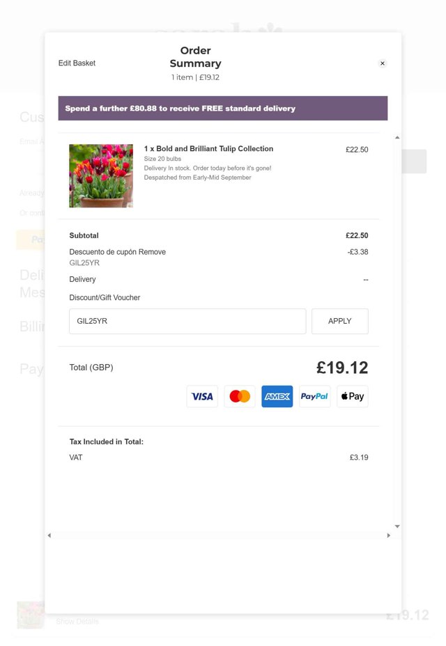 Sarah Raven checkout page showing Sarah Raven discount code box | Screenshot taken by SimplyCodes community member on Aug 29, 2025