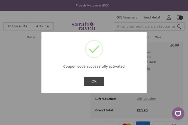 Sarah Raven checkout page showing Sarah Raven discount code box | Screenshot taken by SimplyCodes community member on Aug 6, 2025