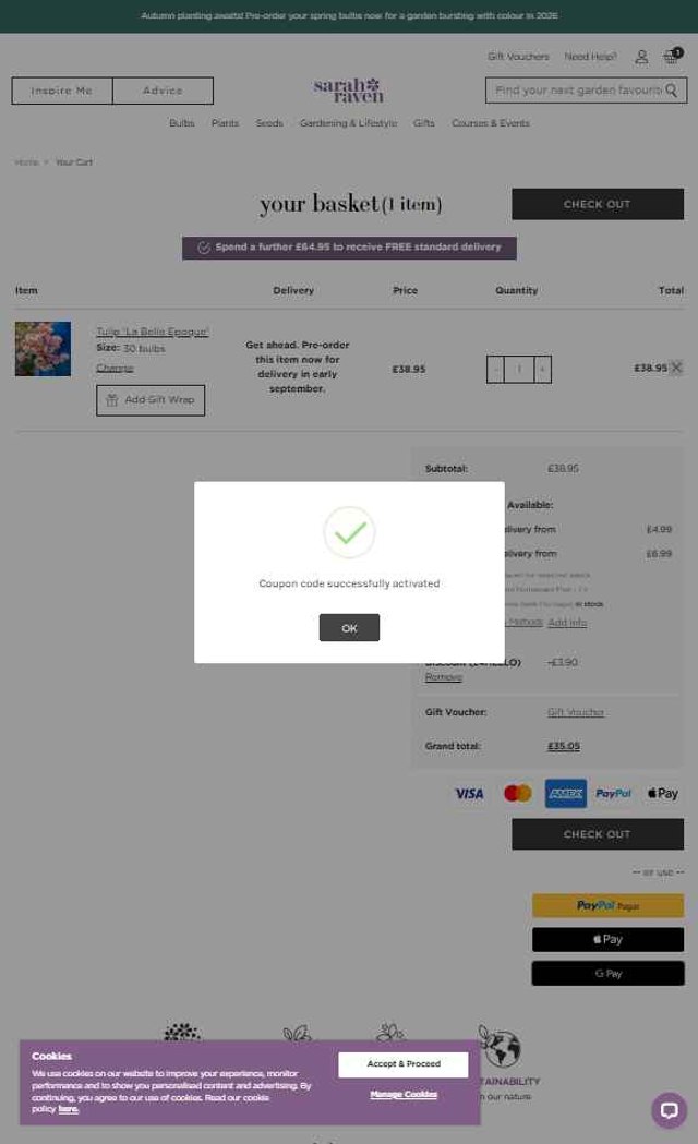 Sarah Raven checkout page showing Sarah Raven discount code box | Screenshot taken by SimplyCodes community member on Aug 19, 2025