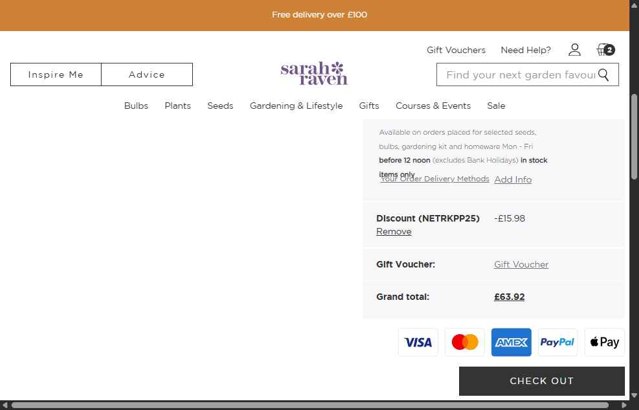 Sarah Raven checkout page showing Sarah Raven discount code box | Screenshot taken by SimplyCodes community member on Aug 3, 2025