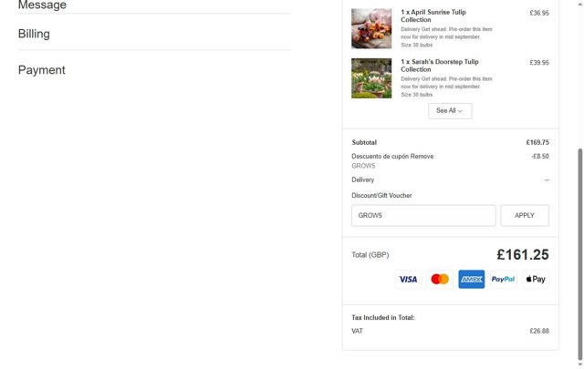 Sarah Raven checkout page showing Sarah Raven discount code box | Screenshot taken by SimplyCodes community member on Sep 4, 2025