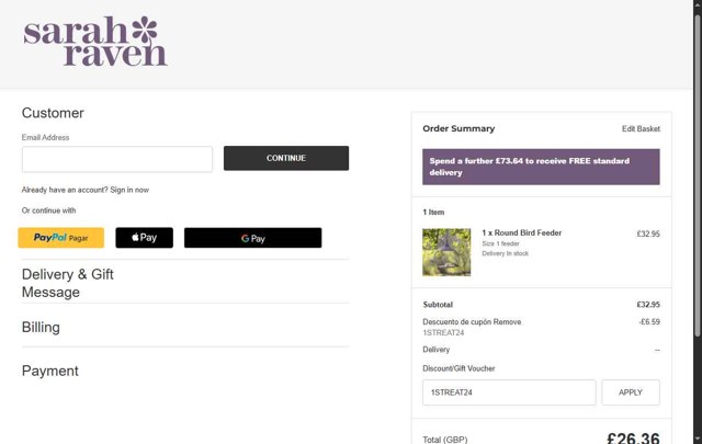 Sarah Raven checkout page showing Sarah Raven discount code box | Screenshot taken by SimplyCodes community member on Aug 6, 2025