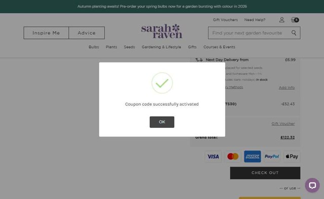 Sarah Raven checkout page showing Sarah Raven discount code box | Screenshot taken by SimplyCodes community member on Aug 20, 2025
