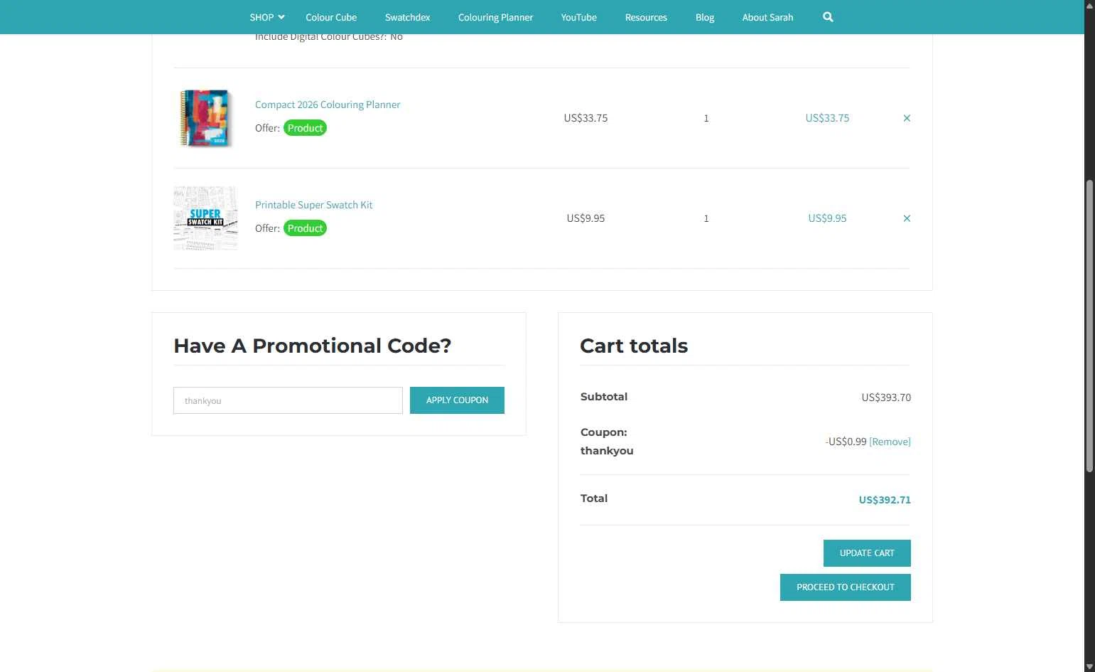 Sarah Renae Clark checkout page showing Sarah Renae Clark promo code box | Screenshot taken by SimplyCodes community member on Jan 18, 2026