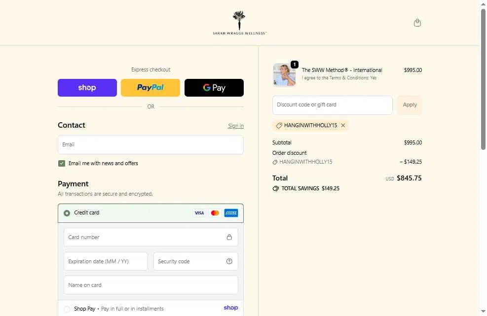 Sarah Wragge Wellness checkout page showing Sarah Wragge Wellness promo code box | Screenshot taken by SimplyCodes community member on Dec 28, 2025