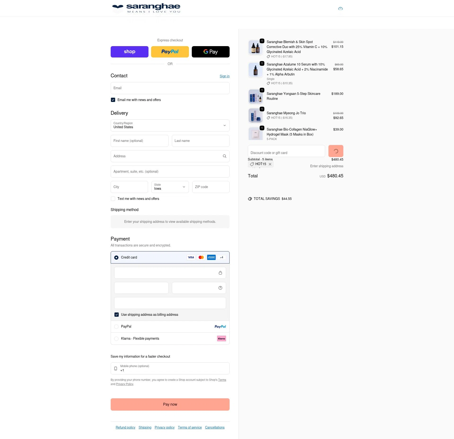 Saranghae Skin Care checkout page showing Saranghae Skin Care promo code box | Screenshot taken by SimplyCodes community member on Feb 20, 2026