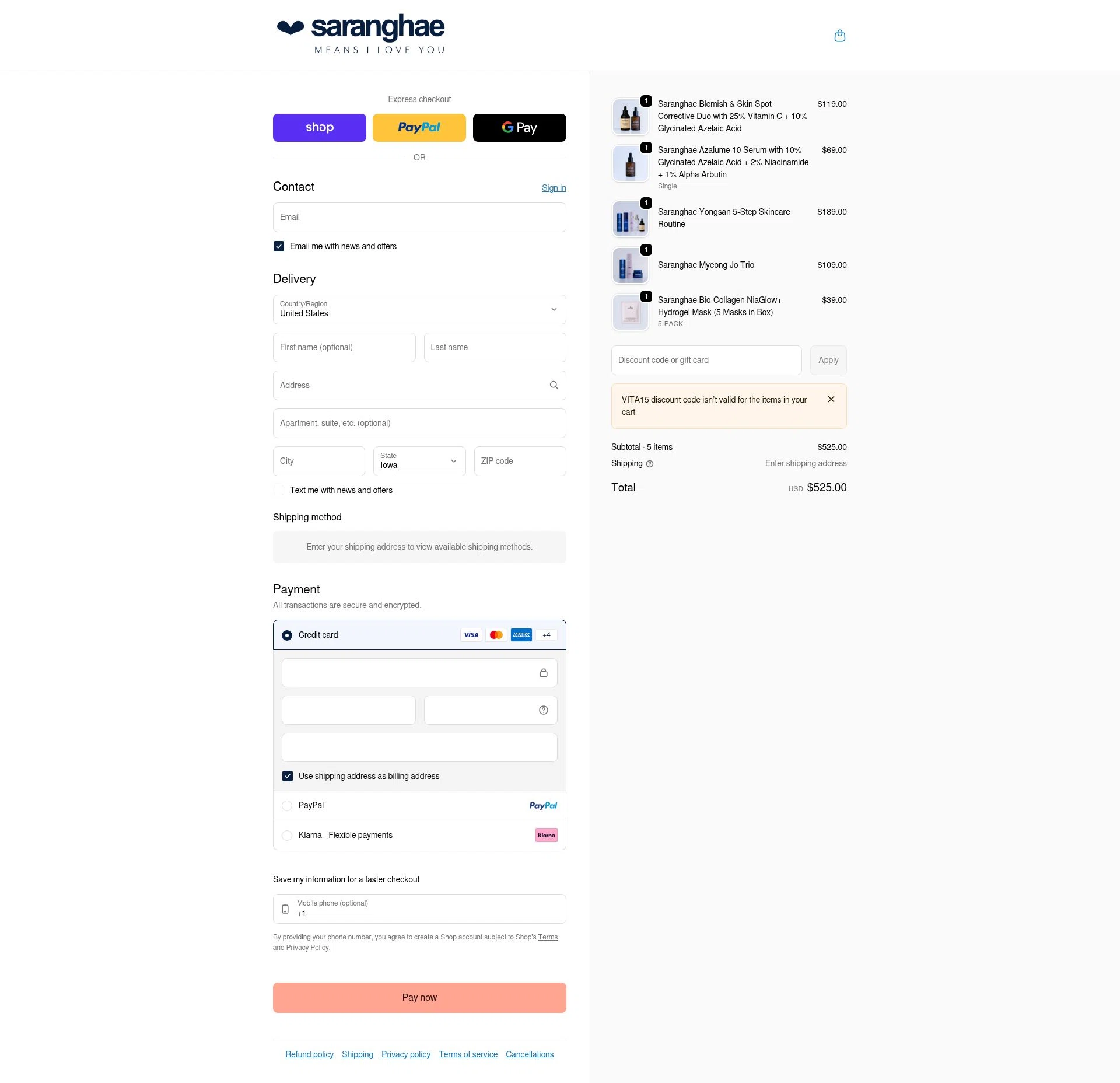 Saranghae Skin Care checkout page showing Saranghae Skin Care promo code box | Screenshot taken by SimplyCodes community member on Feb 20, 2026