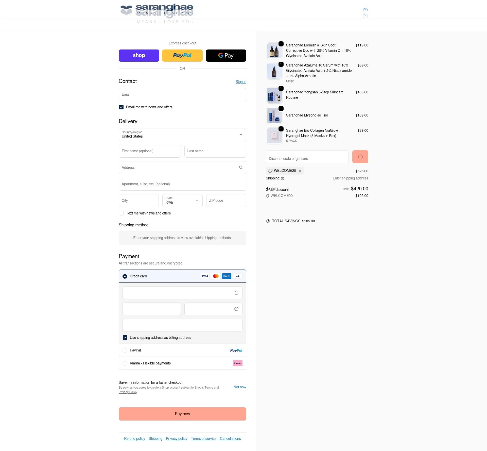 Saranghae Skin Care checkout page showing Saranghae Skin Care promo code box | Screenshot taken by SimplyCodes community member on Feb 15, 2026