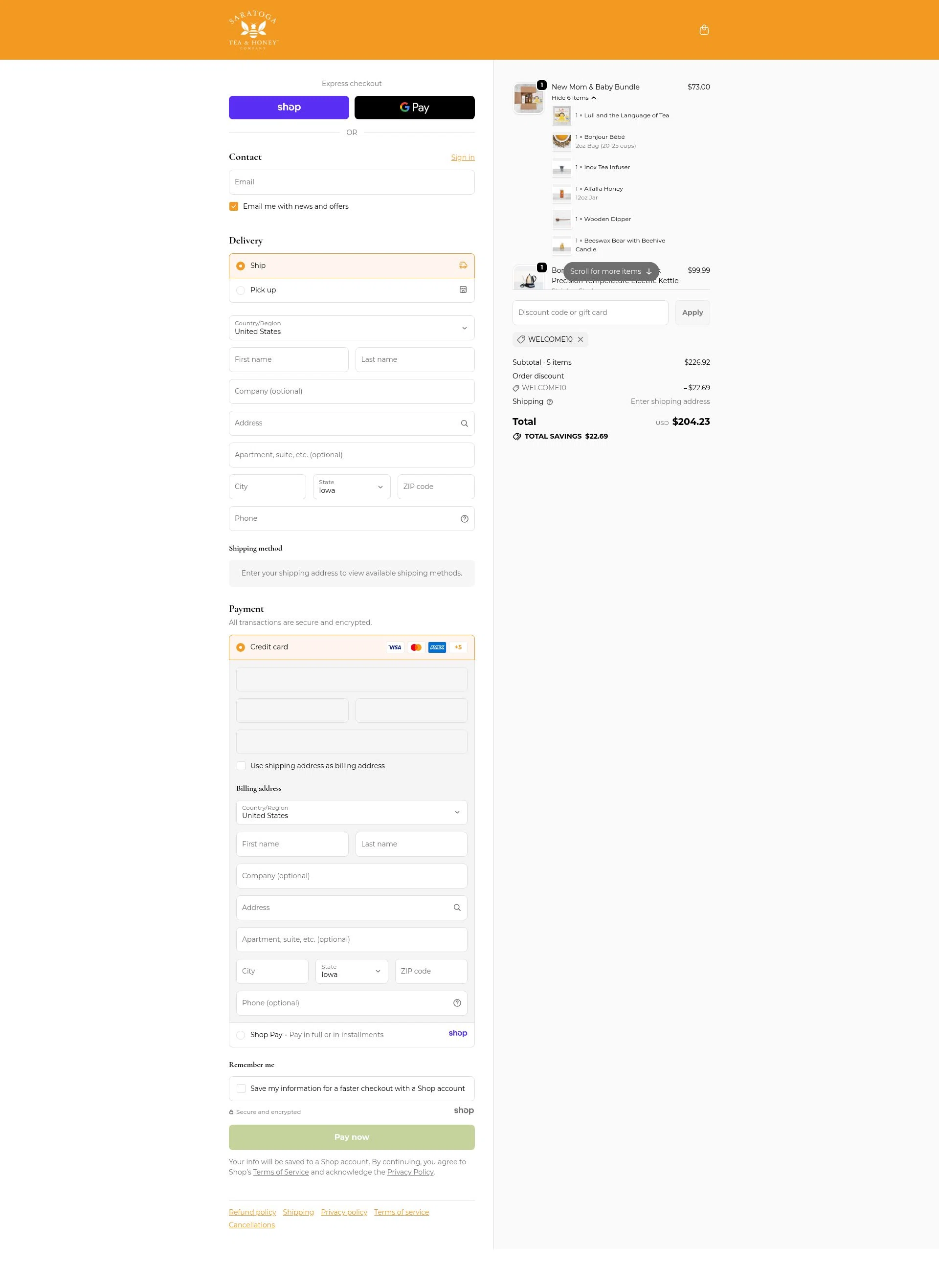 Saratoga Tea & Honey checkout page showing Saratoga Tea & Honey promo code box | Screenshot taken by SimplyCodes community member on Nov 9, 2025