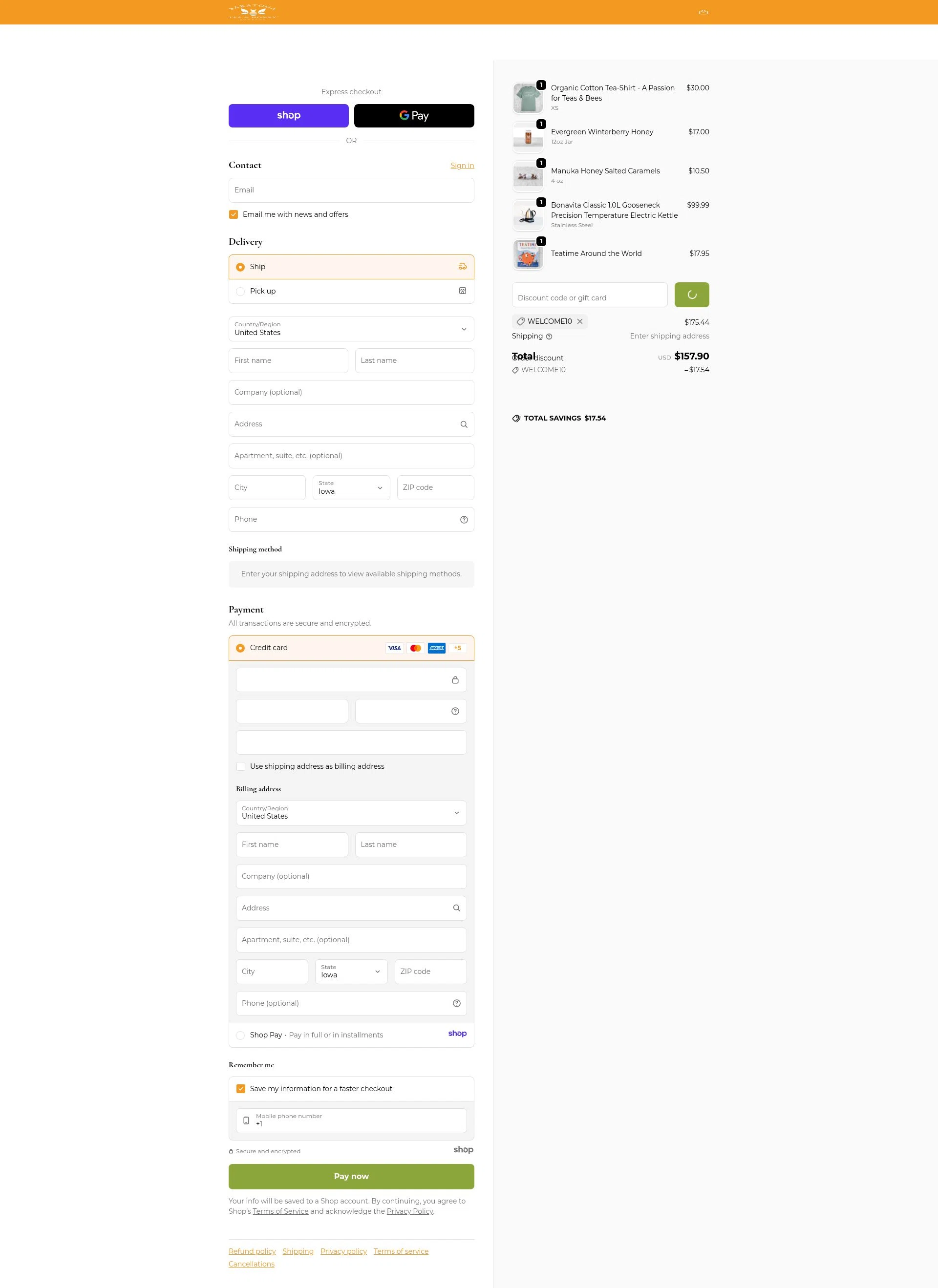 Saratoga Tea & Honey checkout page showing Saratoga Tea & Honey promo code box | Screenshot taken by SimplyCodes community member on Dec 24, 2025