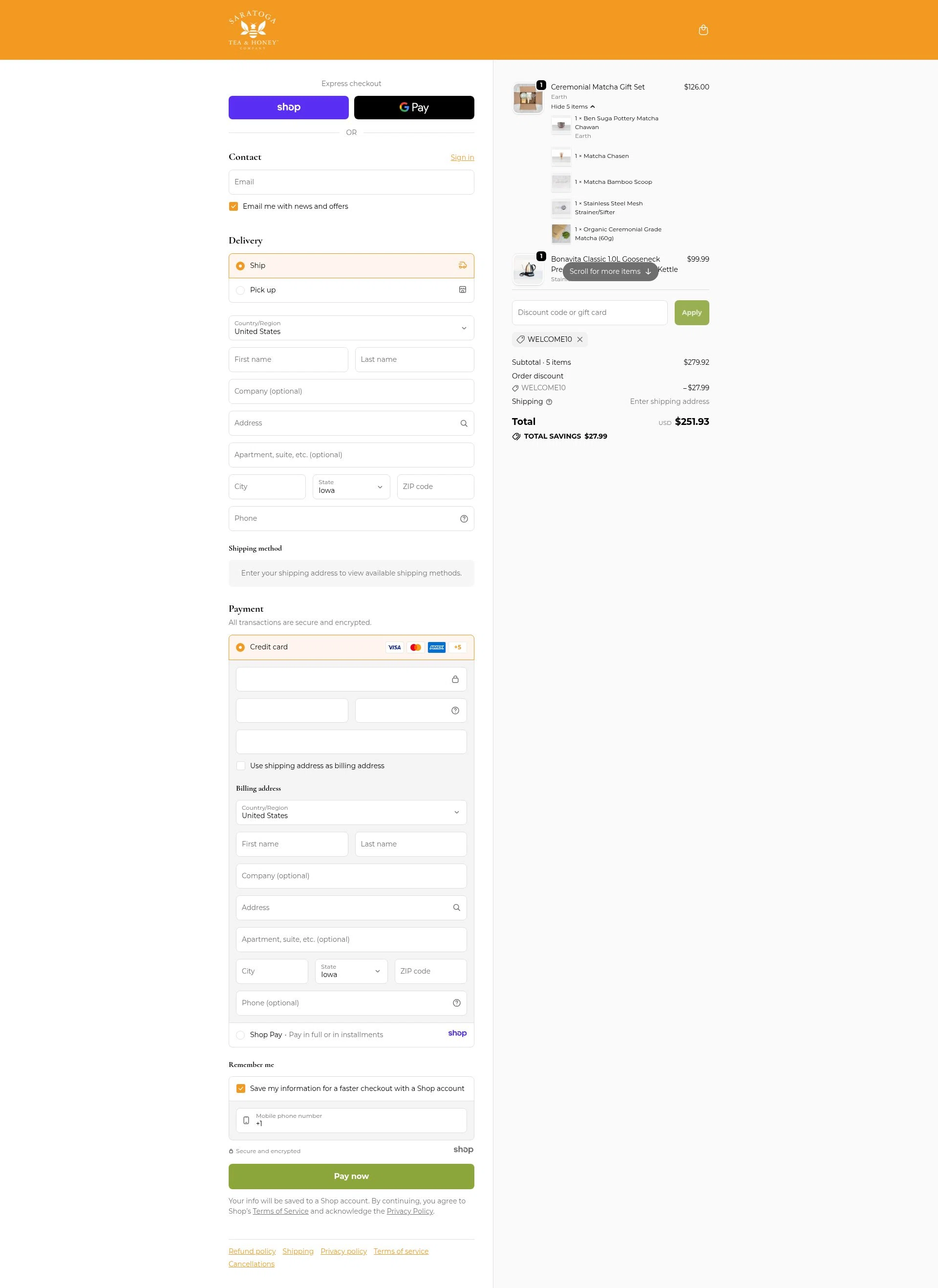 Saratoga Tea & Honey checkout page showing Saratoga Tea & Honey promo code box | Screenshot taken by SimplyCodes community member on Nov 20, 2025