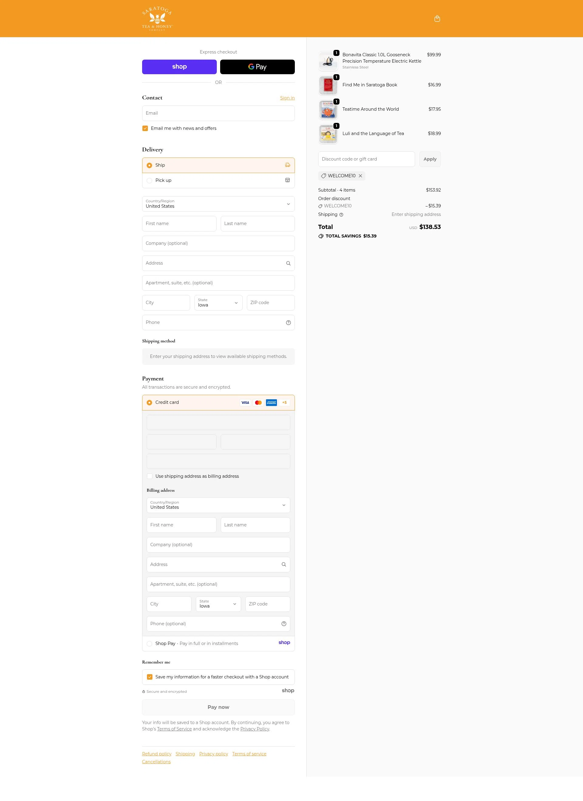 Saratoga Tea & Honey checkout page showing Saratoga Tea & Honey promo code box | Screenshot taken by SimplyCodes community member on Nov 15, 2025