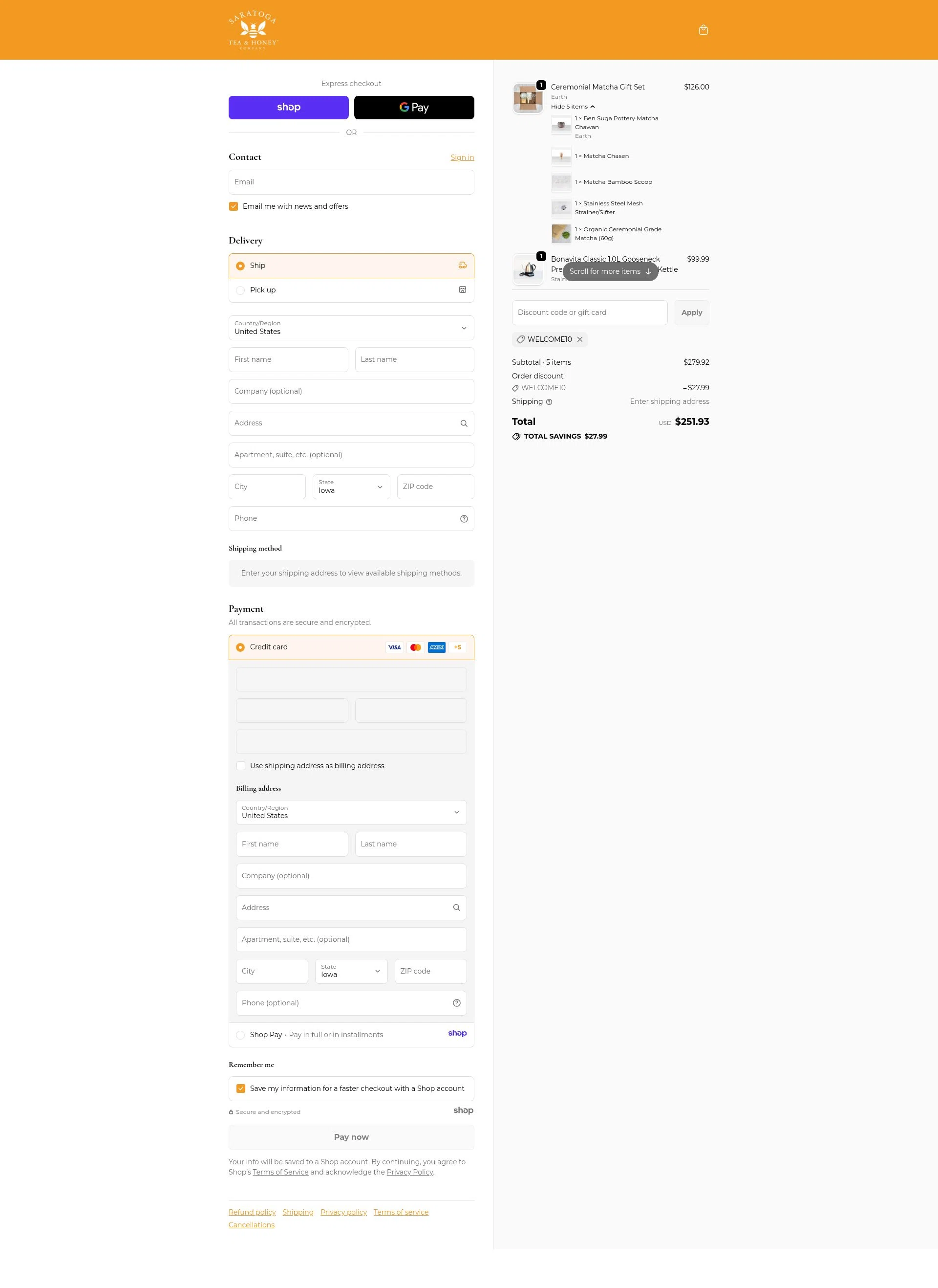 Saratoga Tea & Honey checkout page showing Saratoga Tea & Honey promo code box | Screenshot taken by SimplyCodes community member on Nov 30, 2025