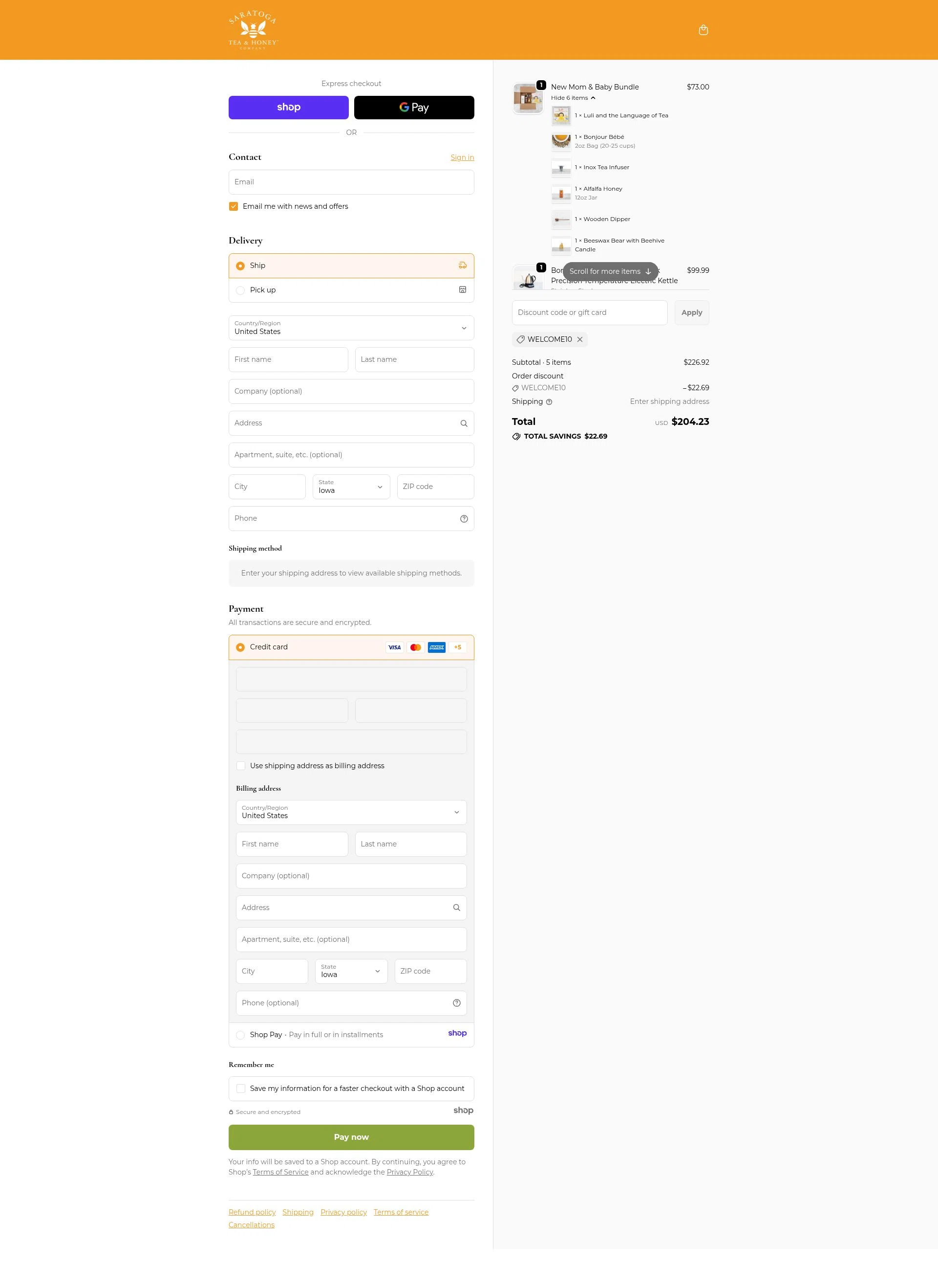 Saratoga Tea & Honey checkout page showing Saratoga Tea & Honey promo code box | Screenshot taken by SimplyCodes community member on Oct 27, 2025