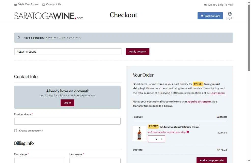Saratoga Wine Exchange checkout page showing Saratoga Wine Exchange coupon code box | Screenshot taken by SimplyCodes community member on May 28, 2025