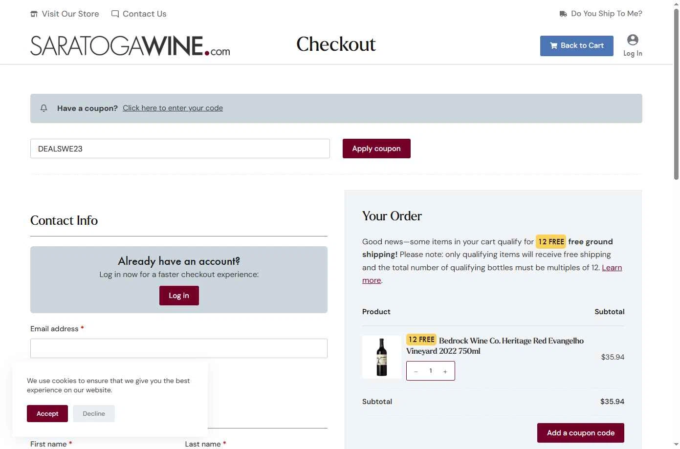 Saratoga Wine Exchange checkout page showing Saratoga Wine Exchange coupon code box | Screenshot taken by SimplyCodes community member on Mar 30, 2025