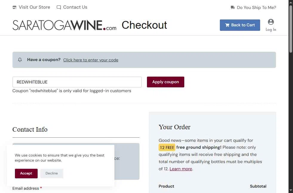 Saratoga Wine Exchange checkout page showing Saratoga Wine Exchange coupon code box | Screenshot taken by SimplyCodes community member on May 28, 2025