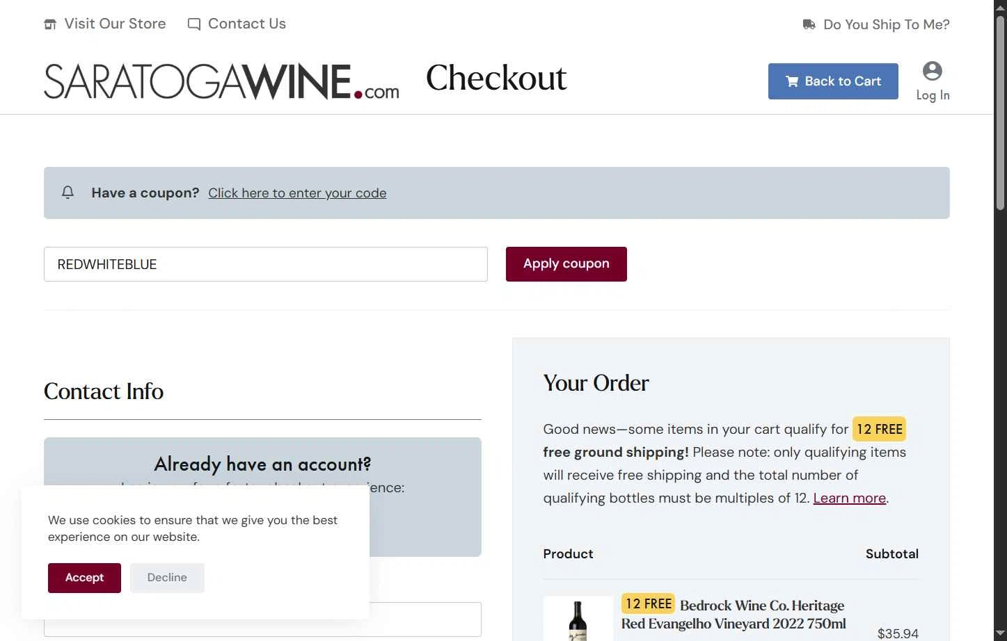 Saratoga Wine Exchange checkout page showing Saratoga Wine Exchange coupon code box | Screenshot taken by SimplyCodes community member on May 28, 2025