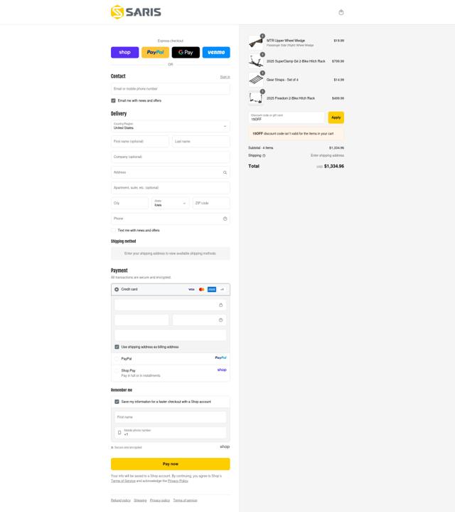 Saris checkout page showing Saris discount code box | Screenshot taken by SimplyCodes community member on Sep 12, 2025
