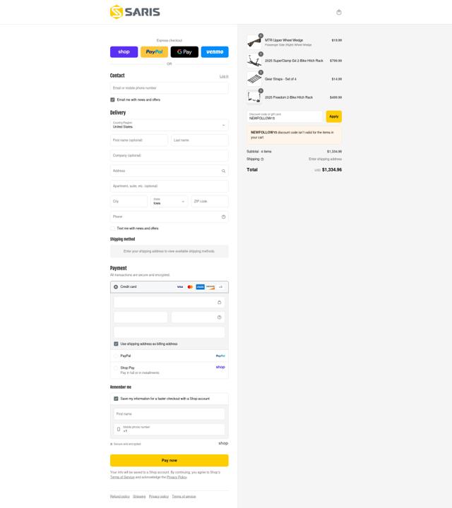 Saris checkout page showing Saris discount code box | Screenshot taken by SimplyCodes community member on Sep 4, 2025