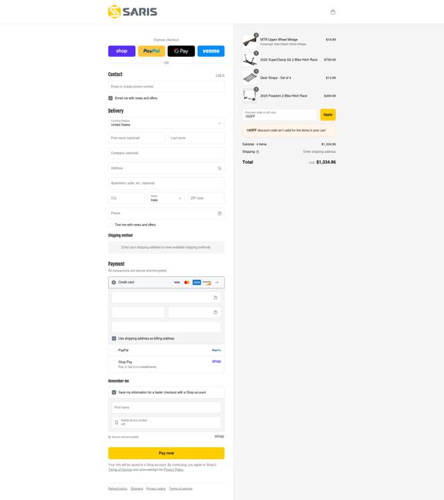 Saris checkout page showing Saris discount code box | Screenshot taken by SimplyCodes community member on Sep 4, 2025