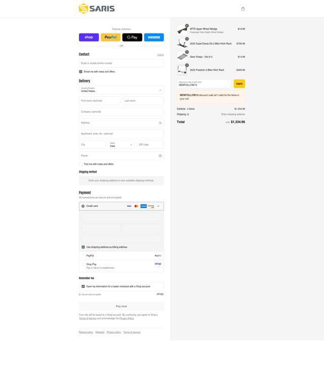 Saris checkout page showing Saris discount code box | Screenshot taken by SimplyCodes community member on Sep 8, 2025