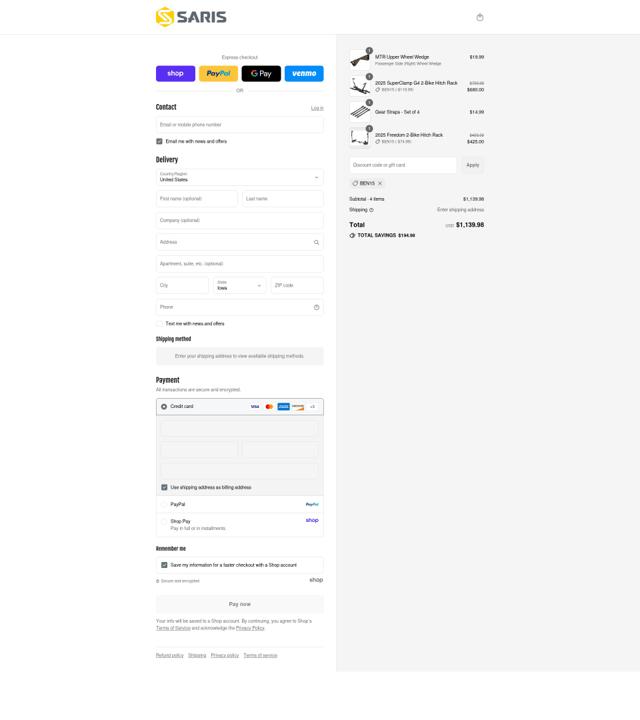 Saris checkout page showing Saris discount code box | Screenshot taken by SimplyCodes community member on Sep 8, 2025