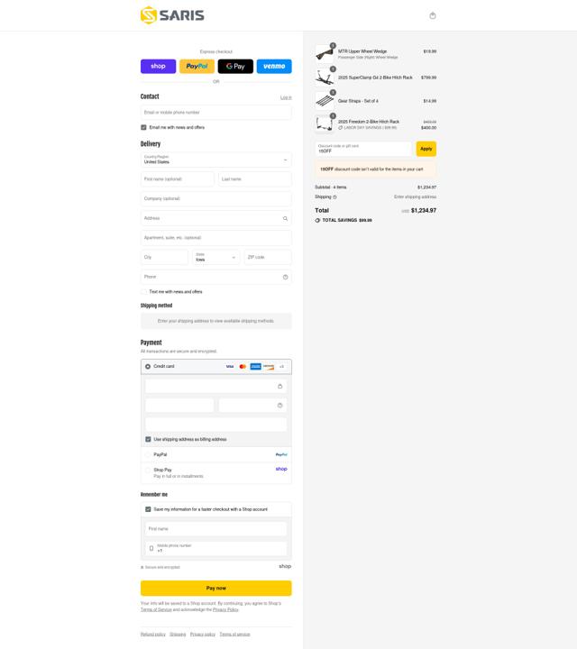 Saris checkout page showing Saris discount code box | Screenshot taken by SimplyCodes community member on Aug 30, 2025