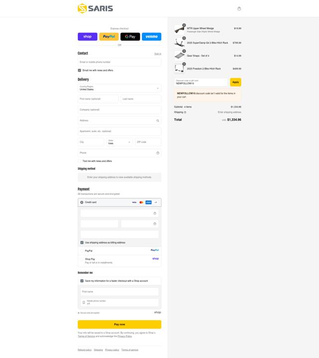 Saris checkout page showing Saris discount code box | Screenshot taken by SimplyCodes community member on Sep 12, 2025