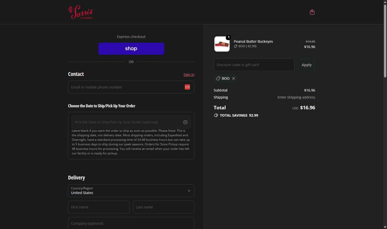 Sarris Candies checkout page showing Sarris Candies promo code box | Screenshot taken by SimplyCodes community member on Oct 28, 2025
