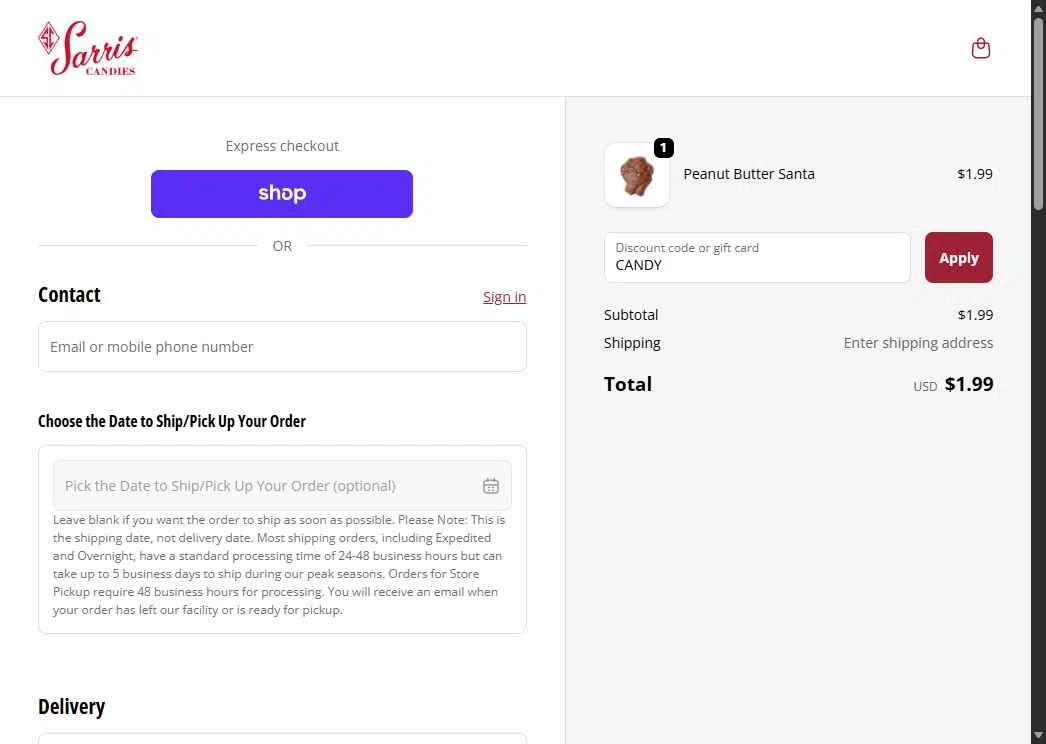 Sarris Candies checkout page showing Sarris Candies promo code box | Screenshot taken by SimplyCodes community member on Nov 4, 2025