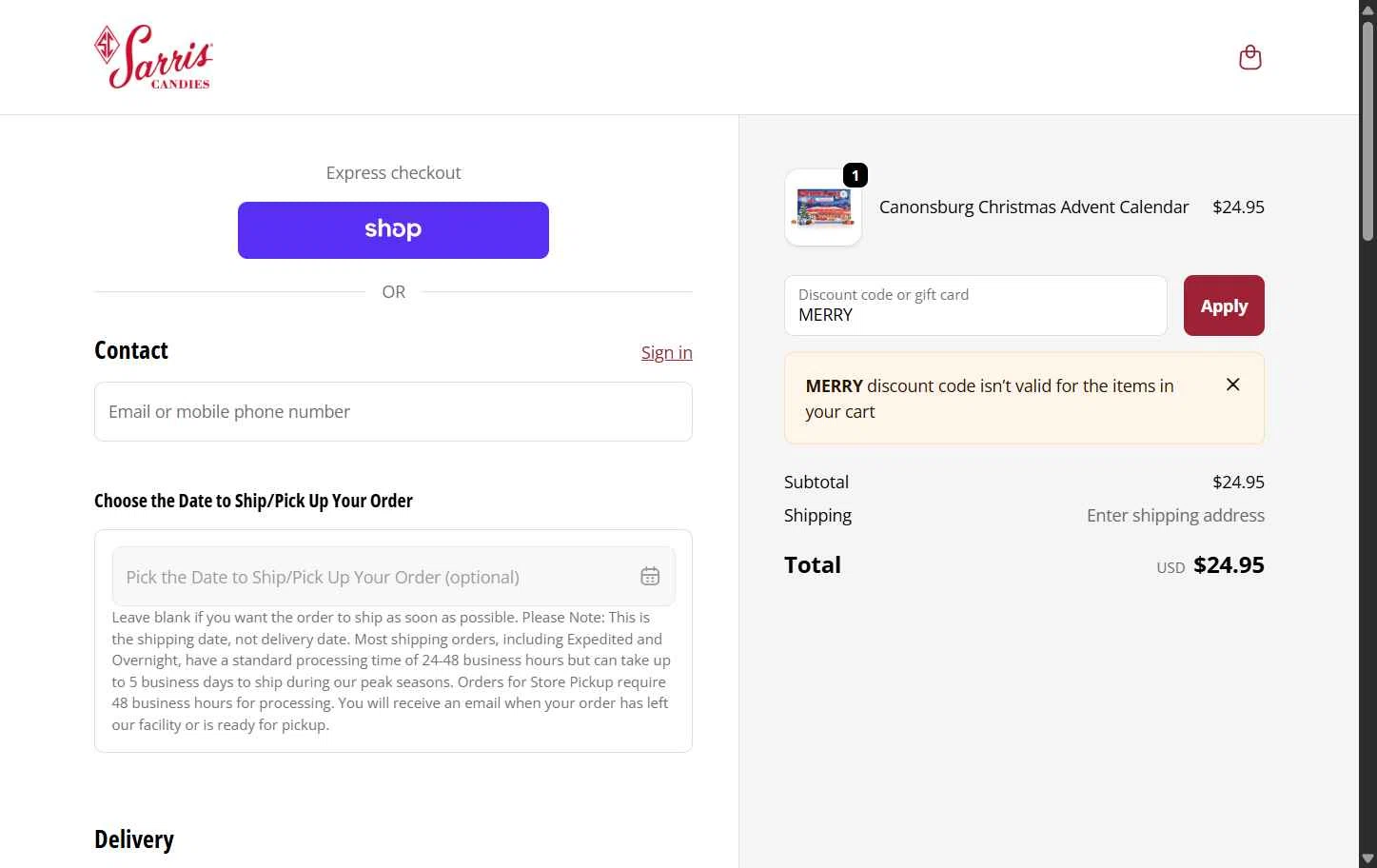 Sarris Candies checkout page showing Sarris Candies promo code box | Screenshot taken by SimplyCodes community member on Nov 1, 2025