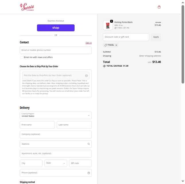 Sarris Candies checkout page showing Sarris Candies promo code box | Screenshot taken by SimplyCodes community member on Dec 8, 2025