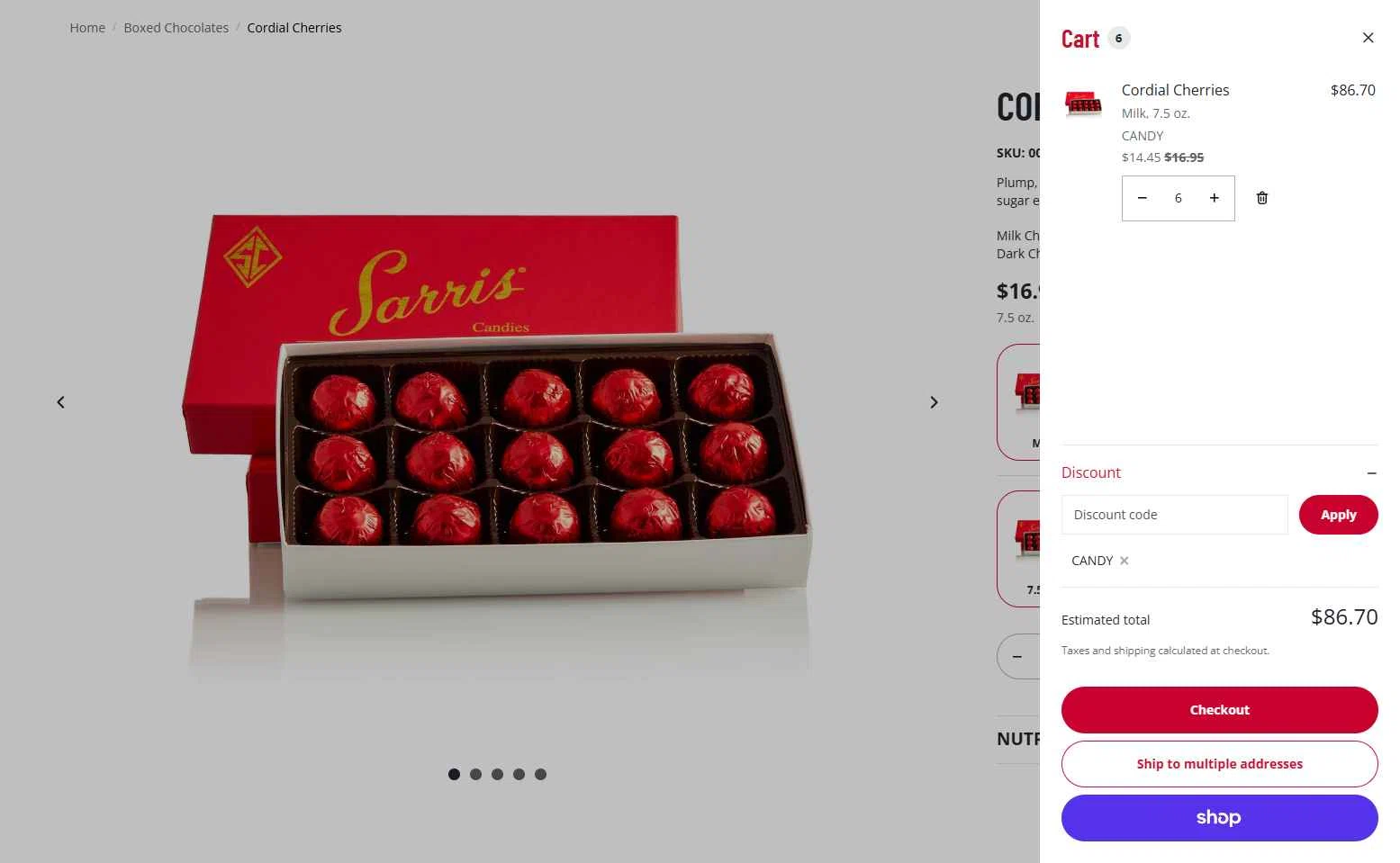 Sarris Candies checkout page showing Sarris Candies promo code box | Screenshot taken by SimplyCodes community member on Nov 4, 2025