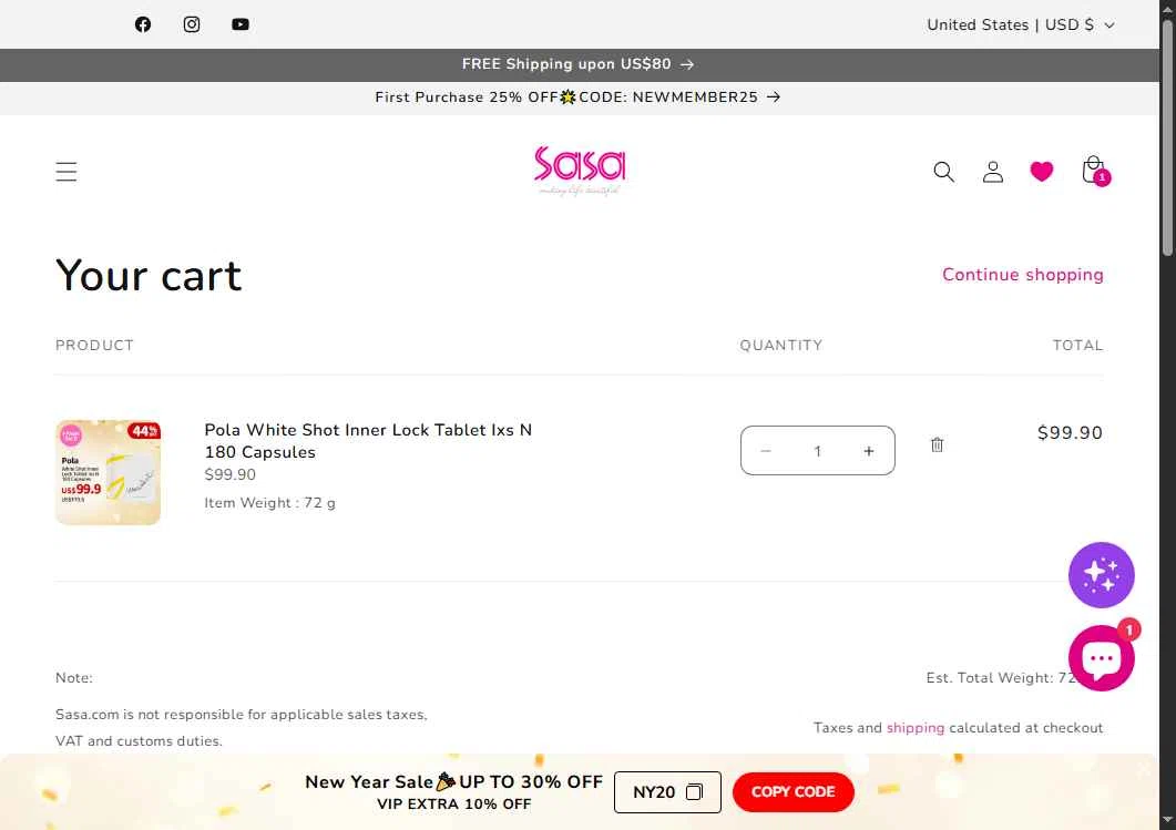 SaSa.com checkout page showing SaSa.com promo code box | Screenshot taken by SimplyCodes community member on Dec 23, 2025