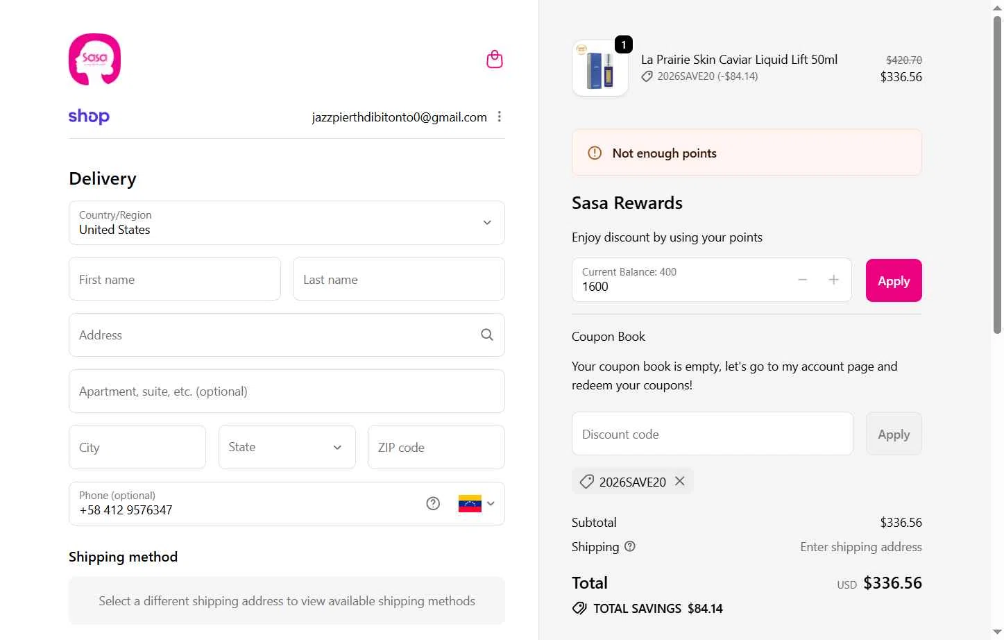 SaSa.com checkout page showing SaSa.com promo code box | Screenshot taken by SimplyCodes community member on Jan 7, 2026