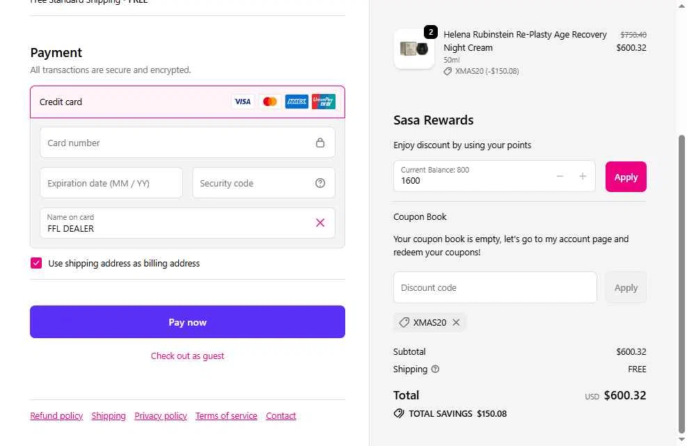 SaSa.com checkout page showing SaSa.com promo code box | Screenshot taken by SimplyCodes community member on Dec 15, 2025