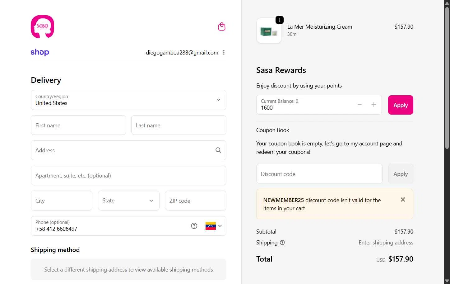 SaSa.com checkout page showing SaSa.com promo code box | Screenshot taken by SimplyCodes community member on Jan 15, 2026