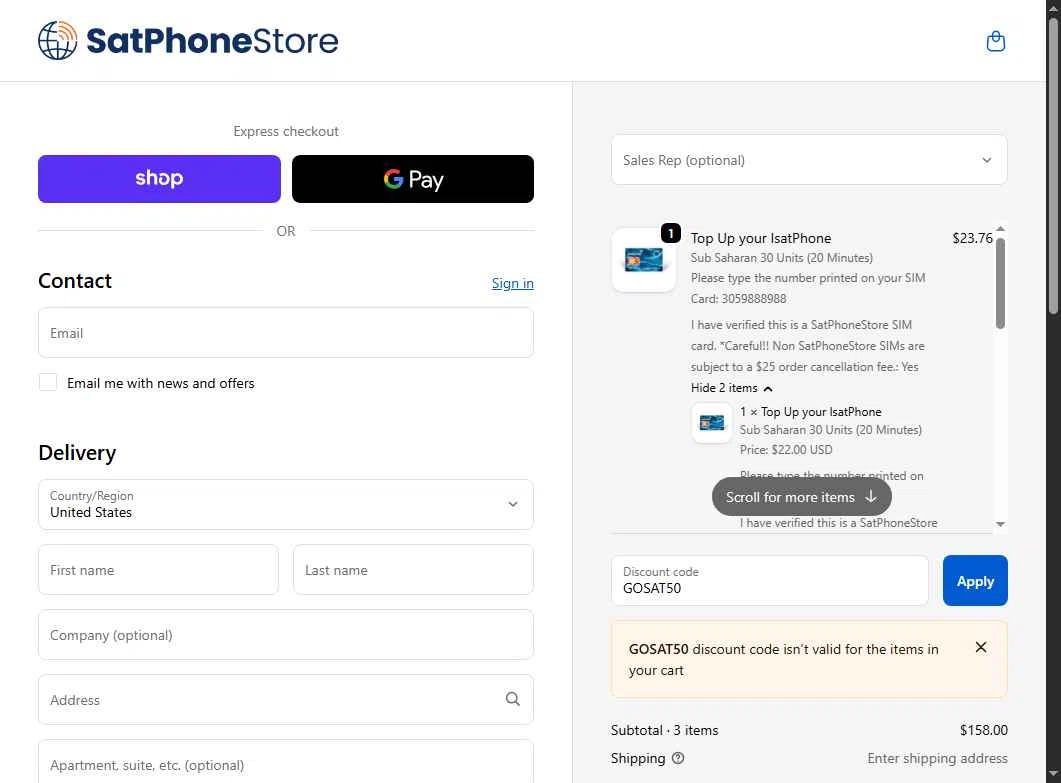 SatPhoneStore checkout page showing SatPhoneStore coupon code box | Screenshot taken by SimplyCodes community member on Nov 28, 2025