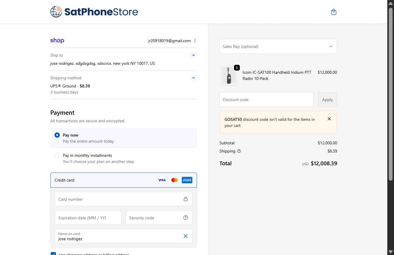 SatPhoneStore checkout page showing SatPhoneStore coupon code box | Screenshot taken by SimplyCodes community member on Jan 25, 2026