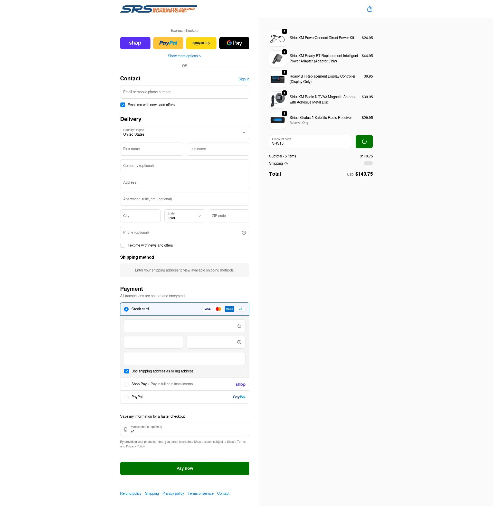 Satellite Radio Superstore checkout page showing Satellite Radio Superstore coupon code box | Screenshot taken by SimplyCodes community member on Feb 9, 2026