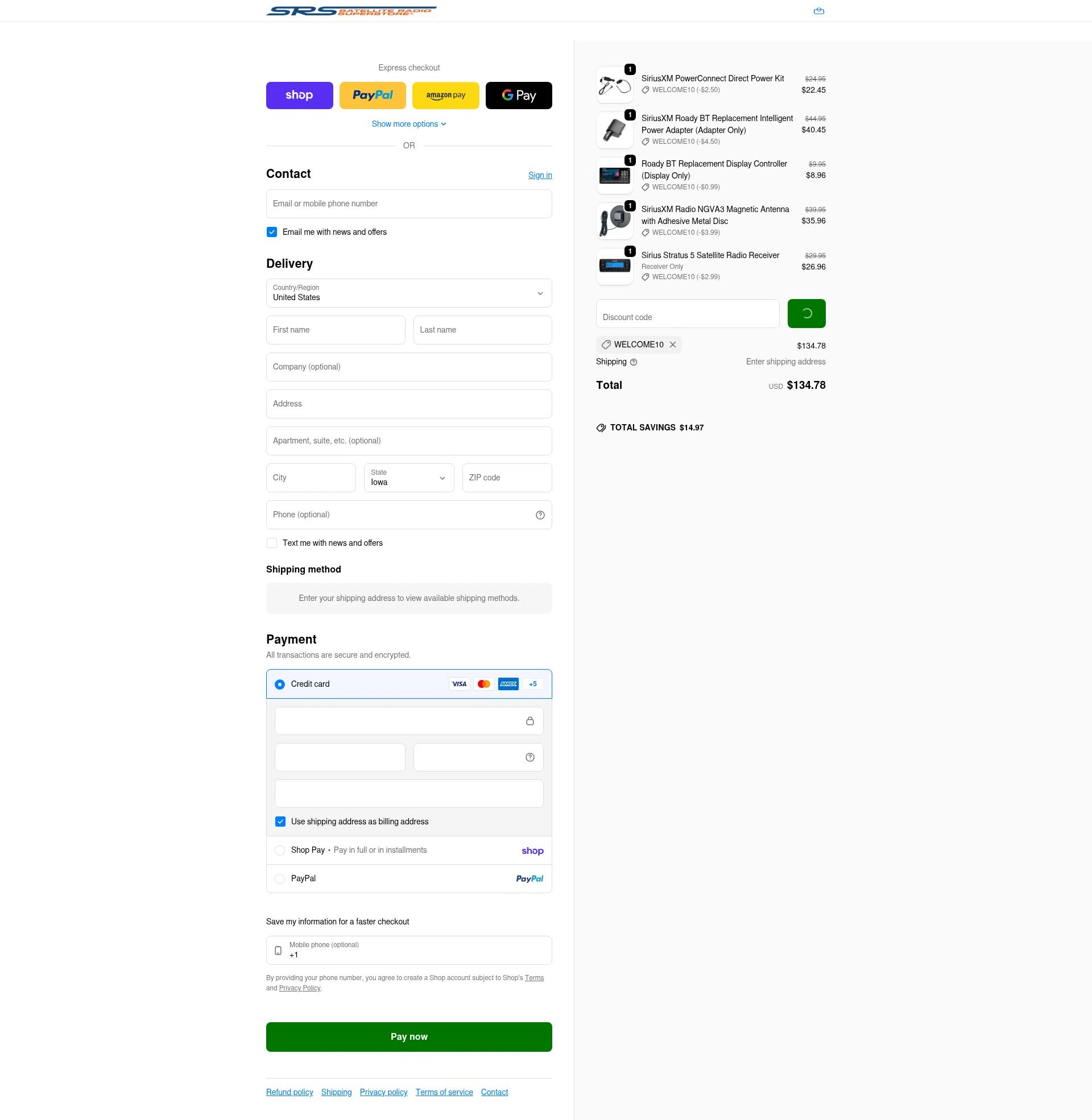 Satellite Radio Superstore checkout page showing Satellite Radio Superstore coupon code box | Screenshot taken by SimplyCodes community member on Feb 9, 2026