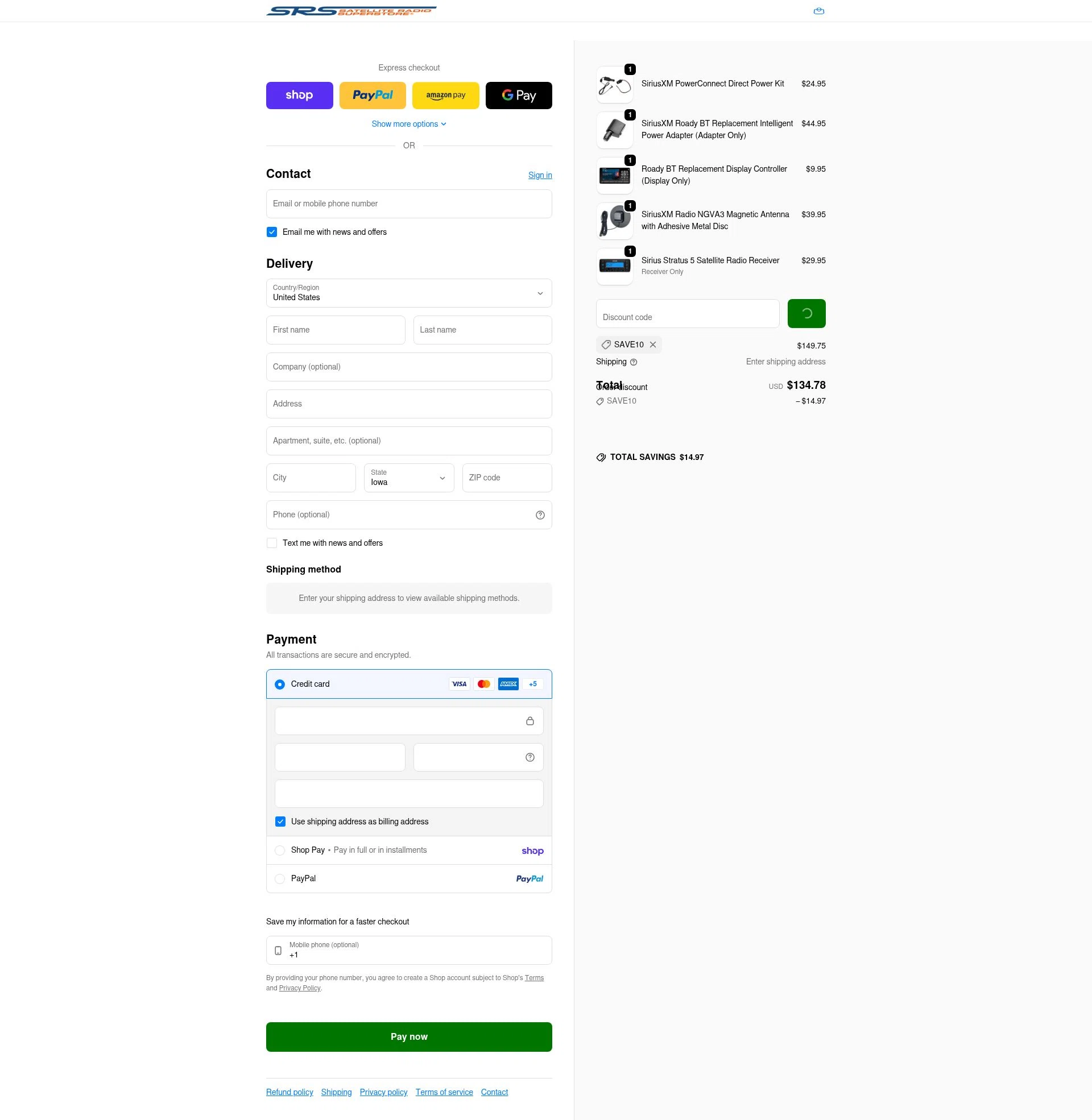 Satellite Radio Superstore checkout page showing Satellite Radio Superstore coupon code box | Screenshot taken by SimplyCodes community member on Feb 9, 2026