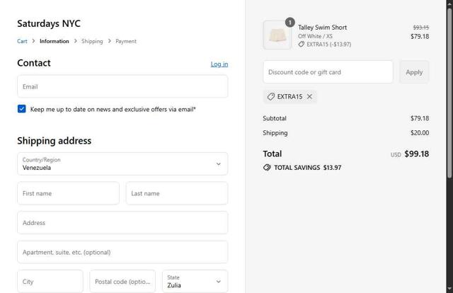 Saturdays NYC checkout page showing Saturdays NYC coupon code box | Screenshot taken by SimplyCodes community member on Sep 8, 2025