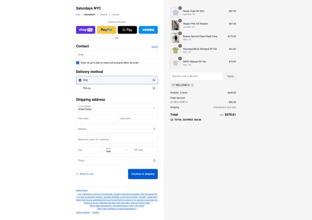 Saturdays NYC checkout page showing Saturdays NYC coupon code box | Screenshot taken by SimplyCodes community member on Aug 27, 2025