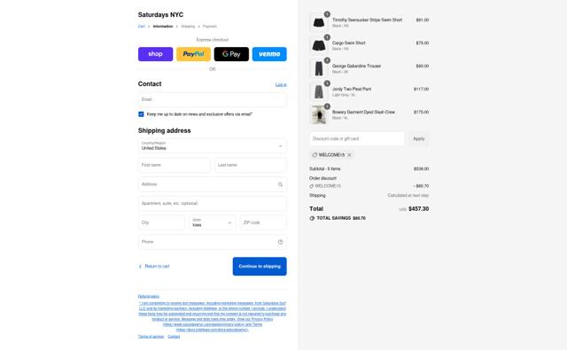 Saturdays NYC checkout page showing Saturdays NYC coupon code box | Screenshot taken by SimplyCodes community member on Sep 4, 2025