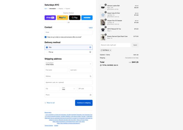 Saturdays NYC checkout page showing Saturdays NYC coupon code box | Screenshot taken by SimplyCodes community member on Aug 22, 2025